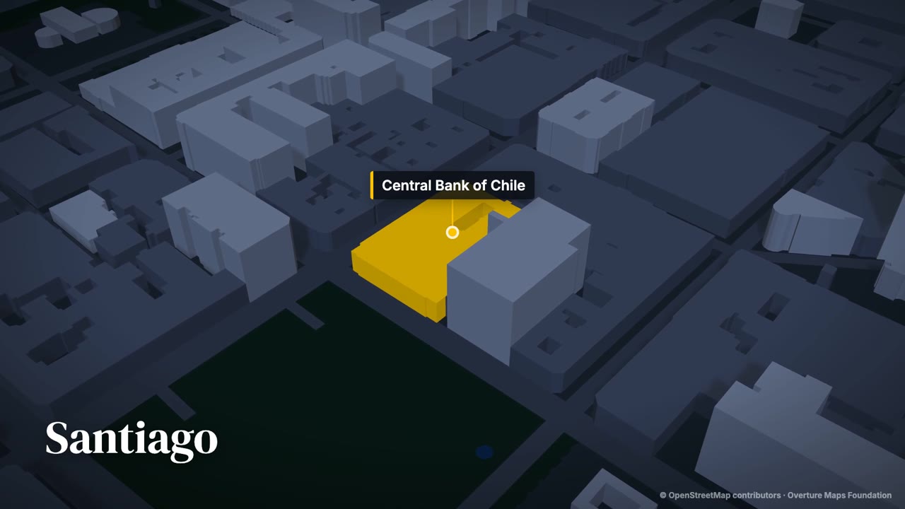 A 3D map of central Santiago with the Central Bank of Chile lit in gold
